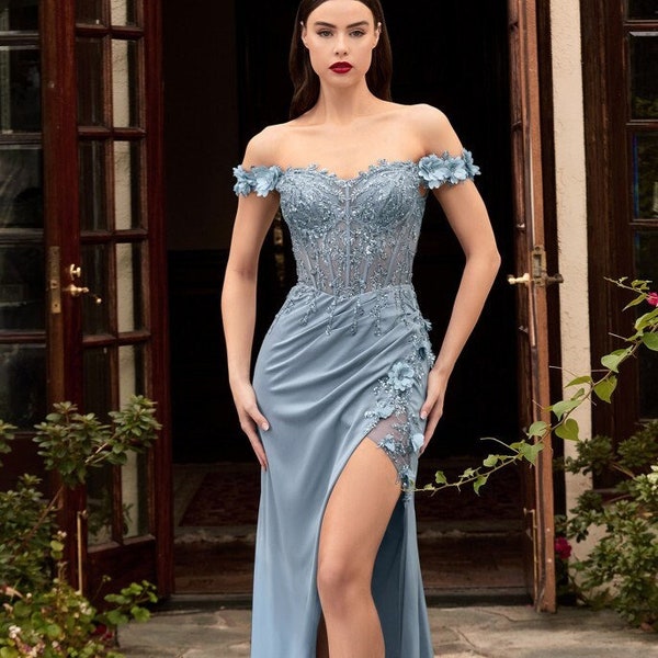 Evening Gown, Side Leg Slit, Off the shoulder Long Prom, Floral Lace and satin Dress