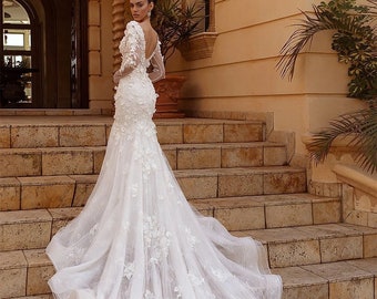 Splendido abito da sposa a strascico lungo, abito da sposa in pizzo 3D, abito a sirena a maniche lunghe, abito con scollo a V, abito da sposa a sirena in pizzo.