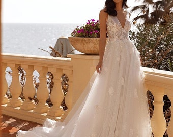Romantic gown, Princess ball gown, Illusion V neck Dress, Sparkle Dress, 3D Lace Gown, Ball gown, Lace A line Wedding Dress.