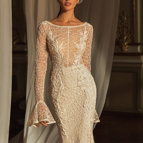 Lace Bell-Sleeve Dress With Belt main image 1