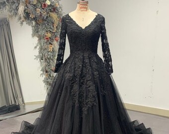 Stunning, alternative Black Gown, Long Sleeves ball gown Gothic Unconventional Wedding Dress. Plus size available 18 us to 26 us