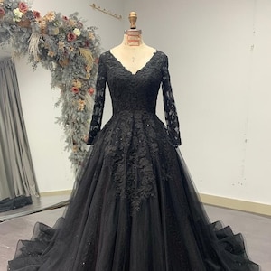 Stunning, alternative Black Gown, Long Sleeves ball gown Gothic Unconventional Wedding Dress. Plus size available 18 us to 26 us