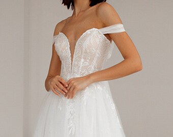 Modern, Romantic Off the Shoulder straps, Bustier Bodice, Lace A line Wedding Dress.