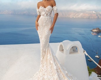 Stunning Romantic gown,  Princess Off the Shoulder Dress,  Beaded 3D Lace Gown, Mermaid Fitted gown Wedding Dress.