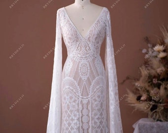 Cape sleeves Bohemian dress, Boho Dress, Deep V neck dress, All over lace, Straps, fitted wedding dress Plus size Available 20 us to 32 us