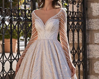 Unique Long Sleeves V neck, Sparkle glitter, Ball gown Wedding Dress.