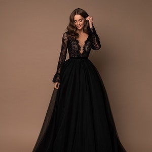 Stunning Black unconventional Gothic Bride, Non-Traditional, Long Sleeves, Lace Ball gown Wedding Dress. Plus size available.