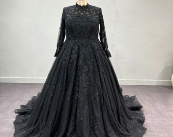 Stunning High neck Lace Long sleeves Gothic Unconventional Black Wedding Dress