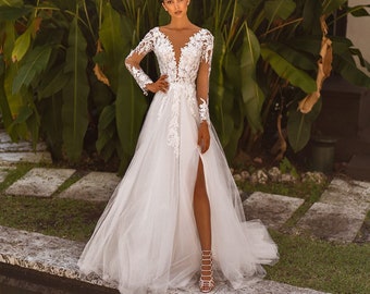 Sexy High thigh slit, Long Sleeves Sparkle Ball Gown, A line Wedding Dress.