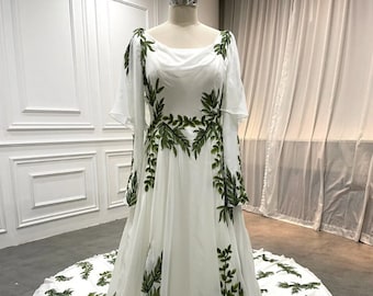 Floral Embroidery wedding dress, Embroidery wedding dress, floral A line dress, unconventional wedding dress, Green unique wedding dress.