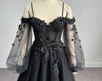 Stunning Black unconventional Gothic Bride, Non-Traditional, Off the Shoulder, Lace Sparkle Wedding Dress. Plus size available.