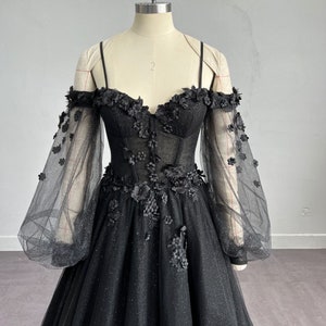 Stunning Black unconventional Gothic Bride, Non-Traditional, Off the Shoulder, Lace Sparkle Wedding Dress. Plus size available.