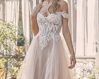 Stunning Off the shoulder, Lace Corset/ Bustier bodice, Sparkle Lace A line Wedding Dress.