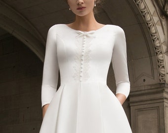 Stunning Satin, Modest LDS Dress, Romantic Classic,3/4 sleeves,  Satin A line gown Wedding Dress. Conservative wedding. Modest dress.