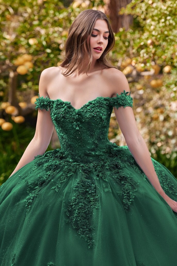 Off the Shoulder Sparkle Tulle Quincea era Ball Gown With 3D