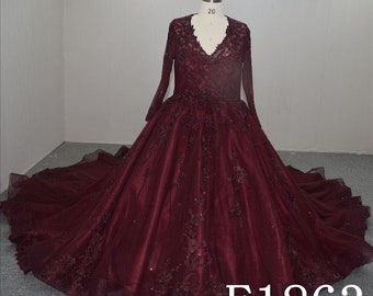 Red wedding dress,Red Sparkle ball  wedding dress, Long Sleeves ball gown wedding dress, wedding dress, Unconventional wedding dress.