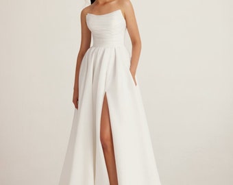 Pleated Simple Strapless, Slit, A line Wedding dress. Plus size available 18 us to 28 us