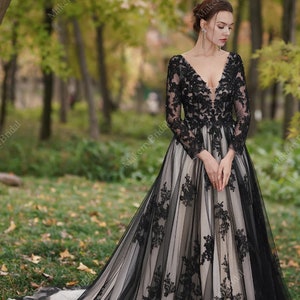 Stunning Black unconventional Gothic Bride, Long Sleeves Dress Non-Traditional, Lace Sparkle Ball gown Wedding Dress. Plus size available. image 1