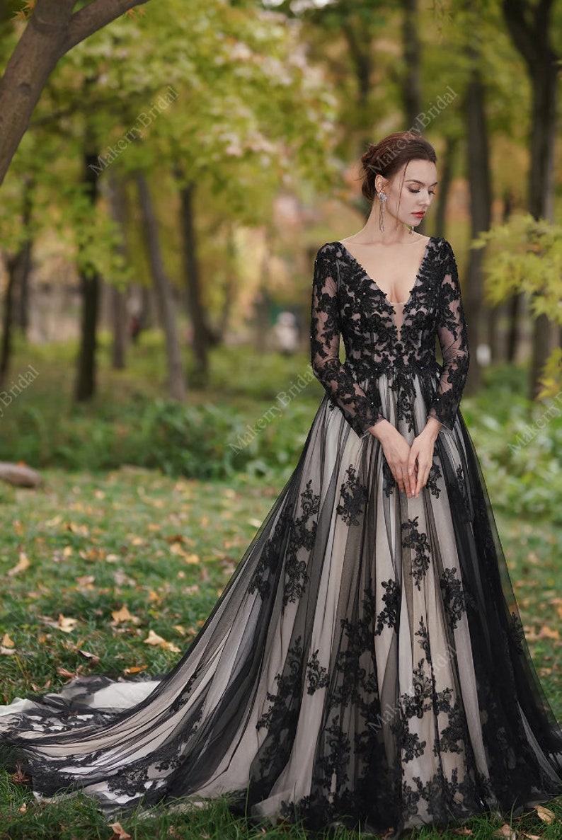 Stunning Black unconventional Gothic Bride, Long Sleeves Dress Non-Traditional, Lace Sparkle Ball gown Wedding Dress. Plus size available. image 1