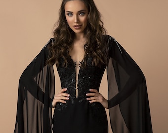 Stunning Black unconventional Gothic Bride, Non-Traditional Fit and flare Long Sleeves Wedding Dress