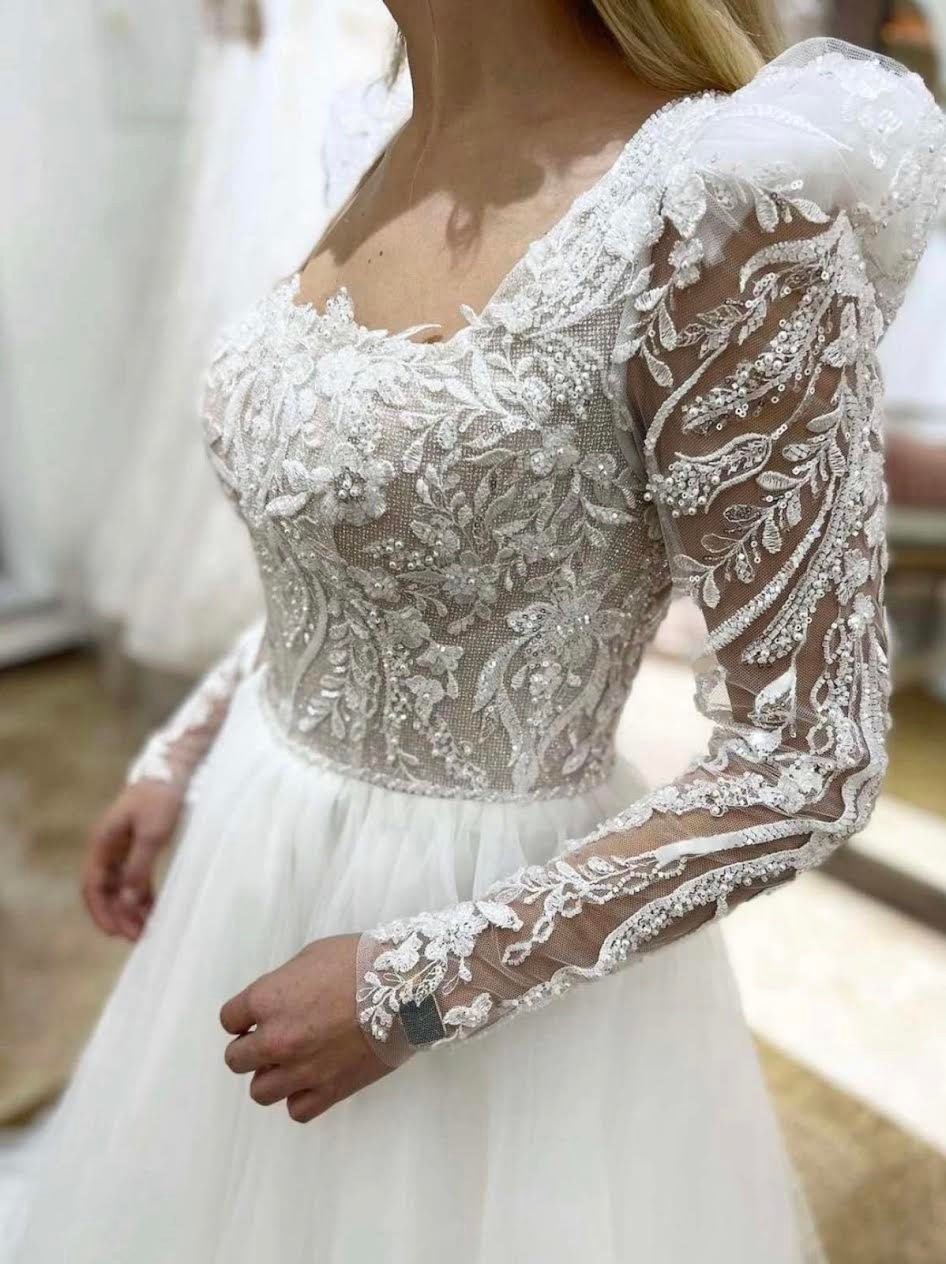 Illusion Square Neck White Long Sleeves Princess Ball Gown Wedding