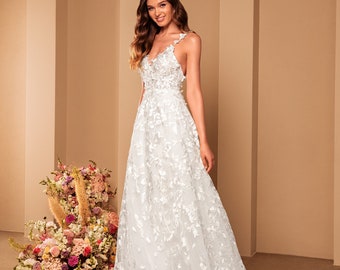 Sleeveless, Simple Classic All-over Lace, A line Wedding Dress.