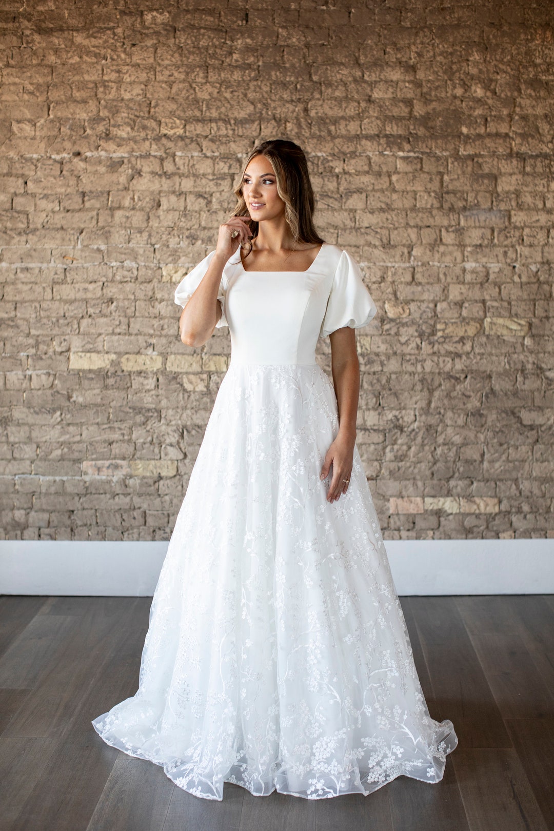 Simple Modest LDS Wedding Dress Modest Puff Sleeves Dress - Etsy