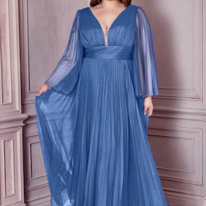 Long Bell Sleeves, Pleated Chiffon A line dress, Bridesmaids dress, Special occasion, Evening Gala, Wedding guest dress , Plus size Dress. image 3