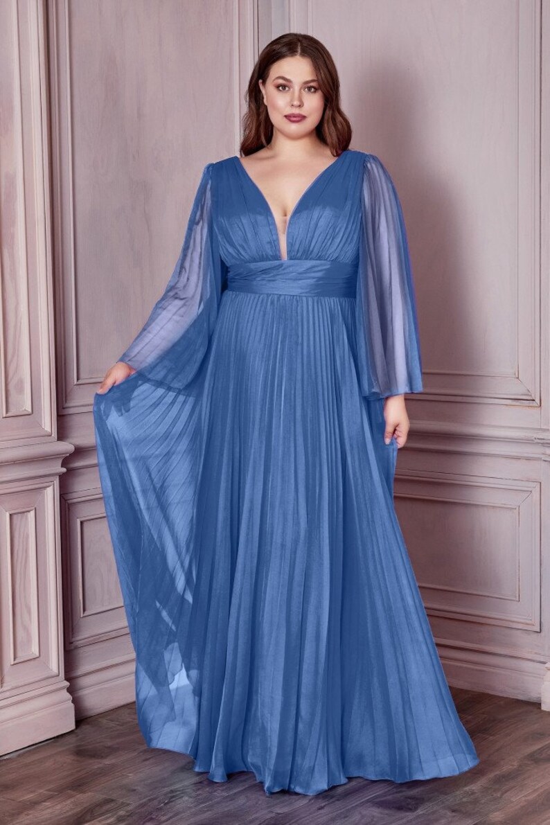 Long Bell Sleeves, Pleated Chiffon A line dress, Bridesmaids dress, Special occasion, Evening Gala, Wedding guest dress , Plus size Dress. image 3