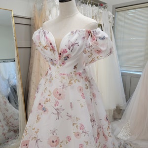 Modern Bride, Alternative, Romantic Botanical/ Floral off the shoulder,Detachable long sleeves,  A line Wedding dress, PLUS SIZE Available