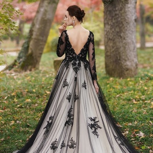 Stunning Black unconventional Gothic Bride, Long Sleeves Dress Non-Traditional, Lace Sparkle Ball gown Wedding Dress. Plus size available. image 3