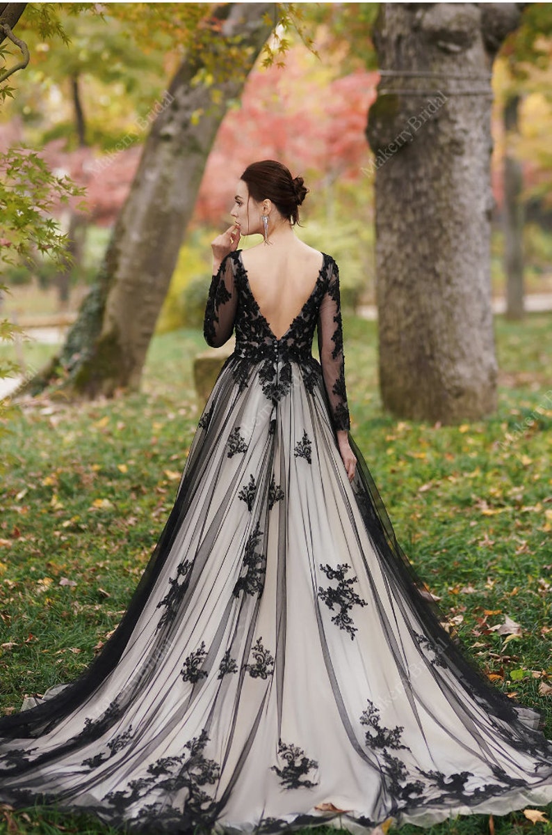 Stunning Black unconventional Gothic Bride, Long Sleeves Dress Non-Traditional, Lace Sparkle Ball gown Wedding Dress. Plus size available. image 3