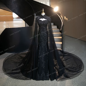 Black Mermaid wedding dress, Black wedding dress, Gothic wedding dress, unconventional wedding dress, Bridal Gothic cape, Black cape.