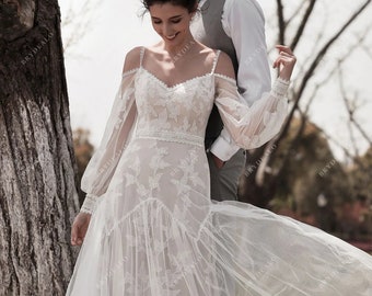 Modern, Bohemian Boho Dress, Off the shoulder , Lace Fit and Flare, wedding dress. Plus size Available 20 us to 32 us