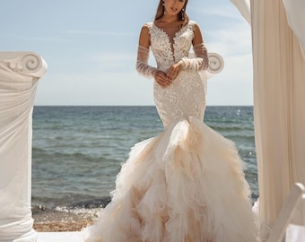 Ruffled Mermaid Lace Long Sleeves Wedding Dress.