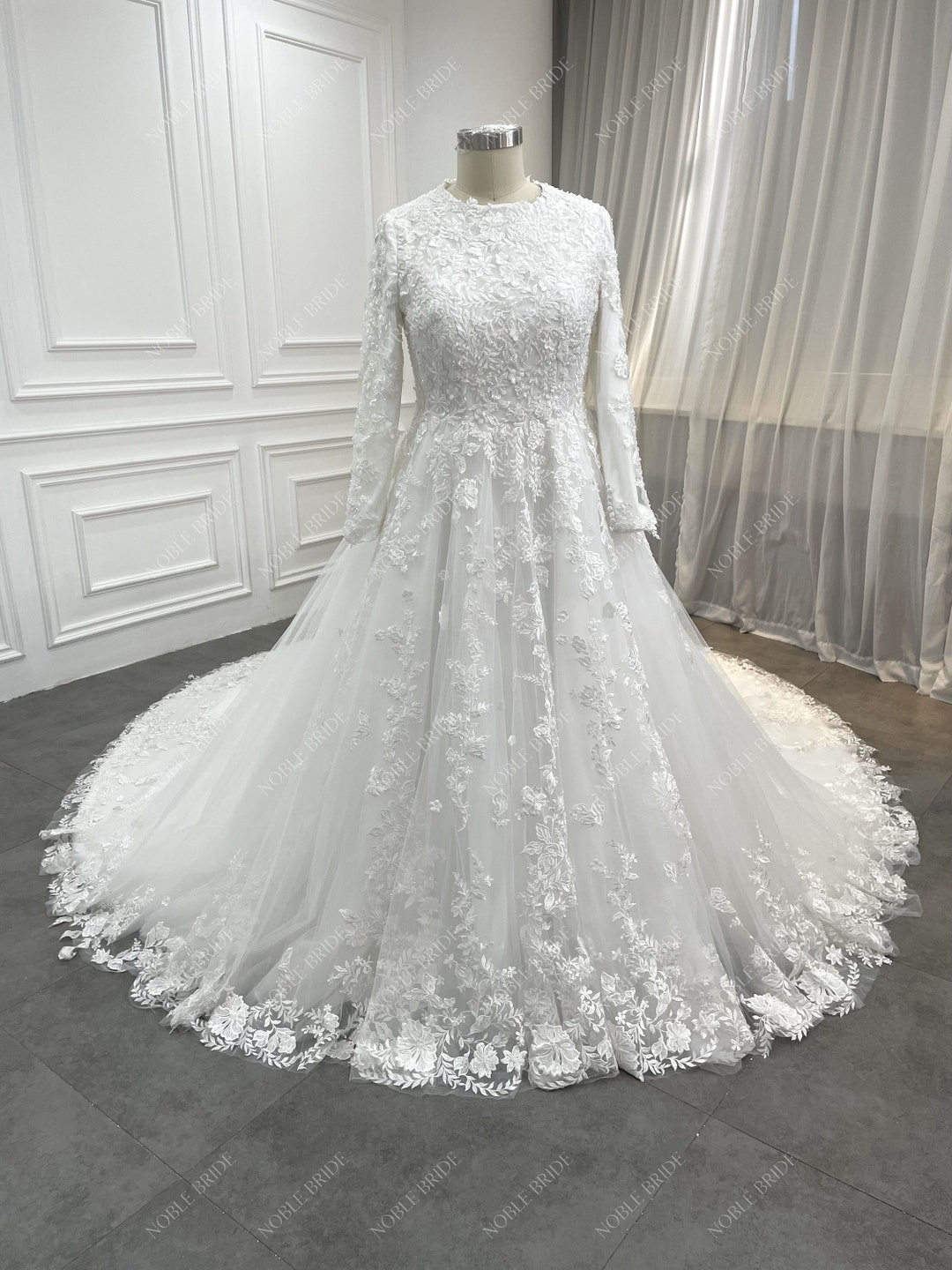 Classic Modest LDS, Lace Long Sleeves Dress, Lace Ball Gown Wedding ...