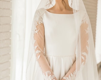 Modest Long Illusion Sleeves, Boat neck, Simple Satin Ball Gown Wedding Dress.