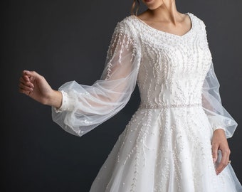 Classic Modest LDS. Long  Sleeves, Lace Ball gown Wedding Dress. Plus size available. 20 to 28 us  Conservative wedding dress.
