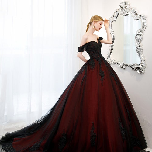 Stunning, Alternative Black Gown, Off The Shoulder Ball Gown Gothic Unconventional Wedding Dress,Y2477