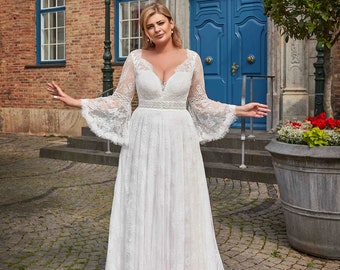 Plus size & Curvy Lace long Bell sleeves,  Romantic A line Bohemian Wedding Dress. Size available 18 us to 32 us