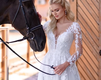 Romantic, Lace Long Sleeves, A line Wedding Dress.