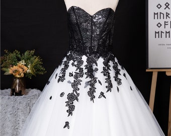 Unconventional Black And white Gothic A line Wedding Dress. Plus size Available 20 us to 28 us