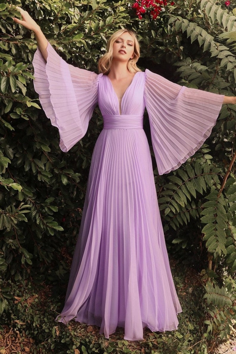Long Bell Sleeves, Pleated Chiffon A line dress, Bridesmaids dress, Special occasion, Evening Gala, Wedding guest dress , Plus size Dress. Lavender