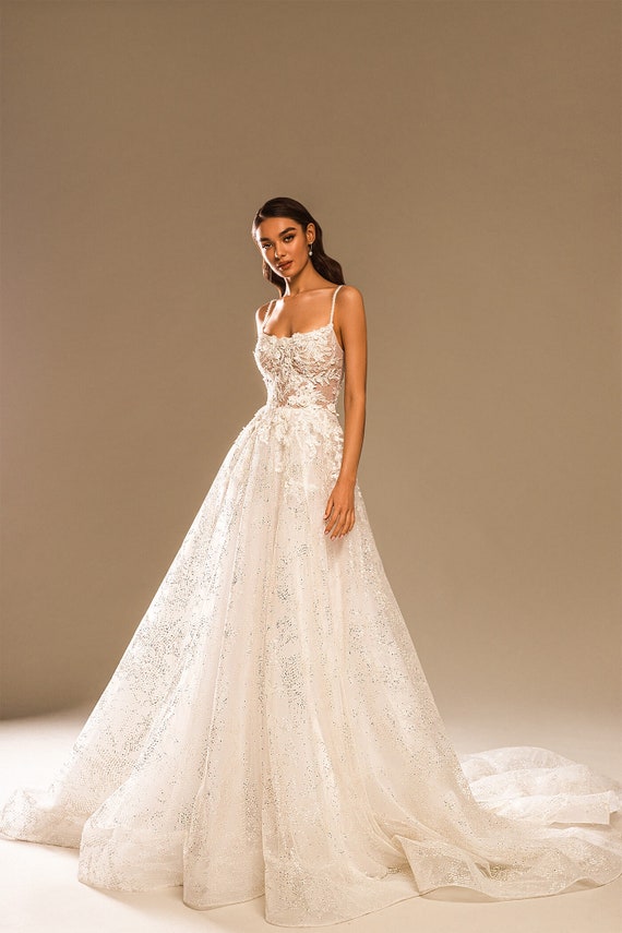 Square Neckline, Spaghetti Straps, Sparkle A Line/ Ball Gown Wedding Dress.  