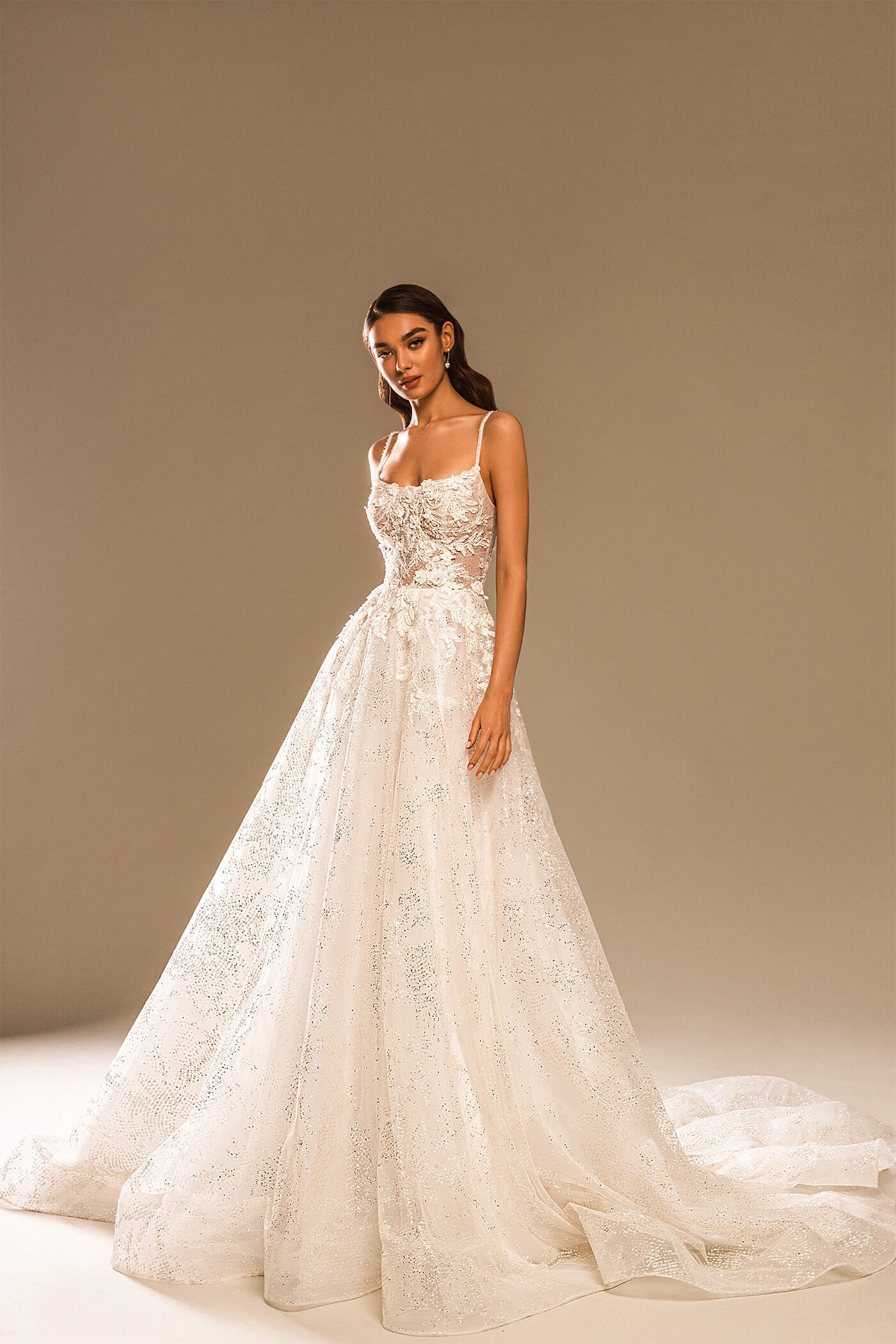 Square Neckline, Spaghetti Straps, Sparkle A Line/ Ball Gown