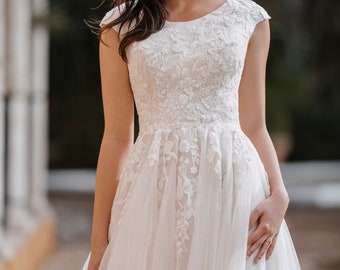 Romantic Modest LDS, Cap Sleeves, Lace A line Wedding Dress. Plus size available. Conservative wedding dress.