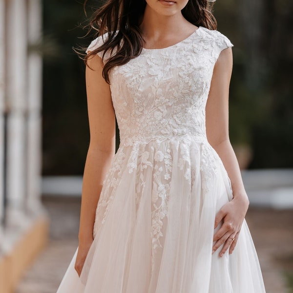 Romantic Modest LDS, Cap Sleeves, Lace A line Wedding Dress. Plus size available. Conservative wedding dress.