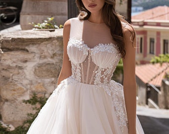 Sleeveless, Classic Sabrina-neck, Lace Ball gown Wedding Dress.