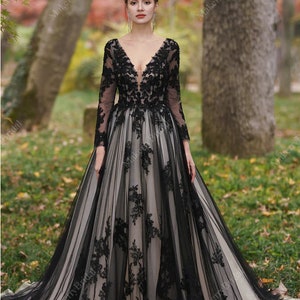 Stunning Black unconventional Gothic Bride, Long Sleeves Dress Non-Traditional, Lace Sparkle Ball gown Wedding Dress. Plus size available. image 4