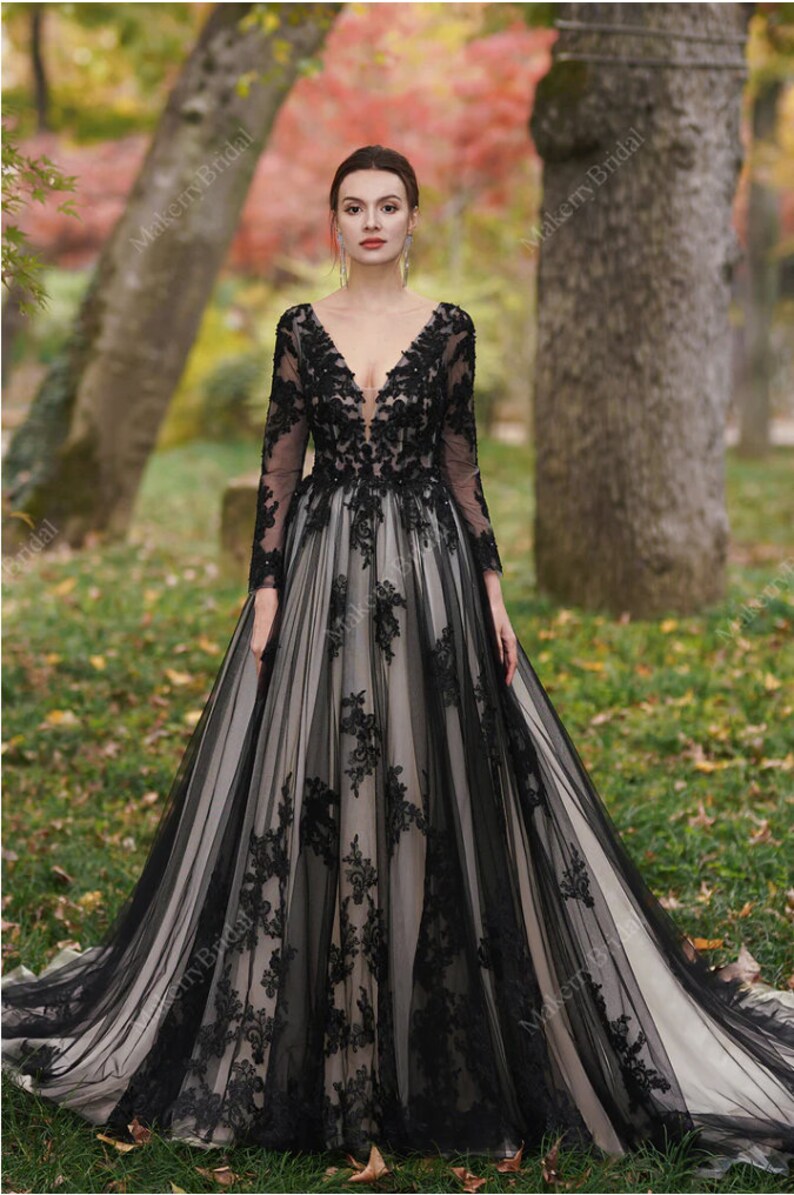 Stunning Black unconventional Gothic Bride, Long Sleeves Dress Non-Traditional, Lace Sparkle Ball gown Wedding Dress. Plus size available. image 4